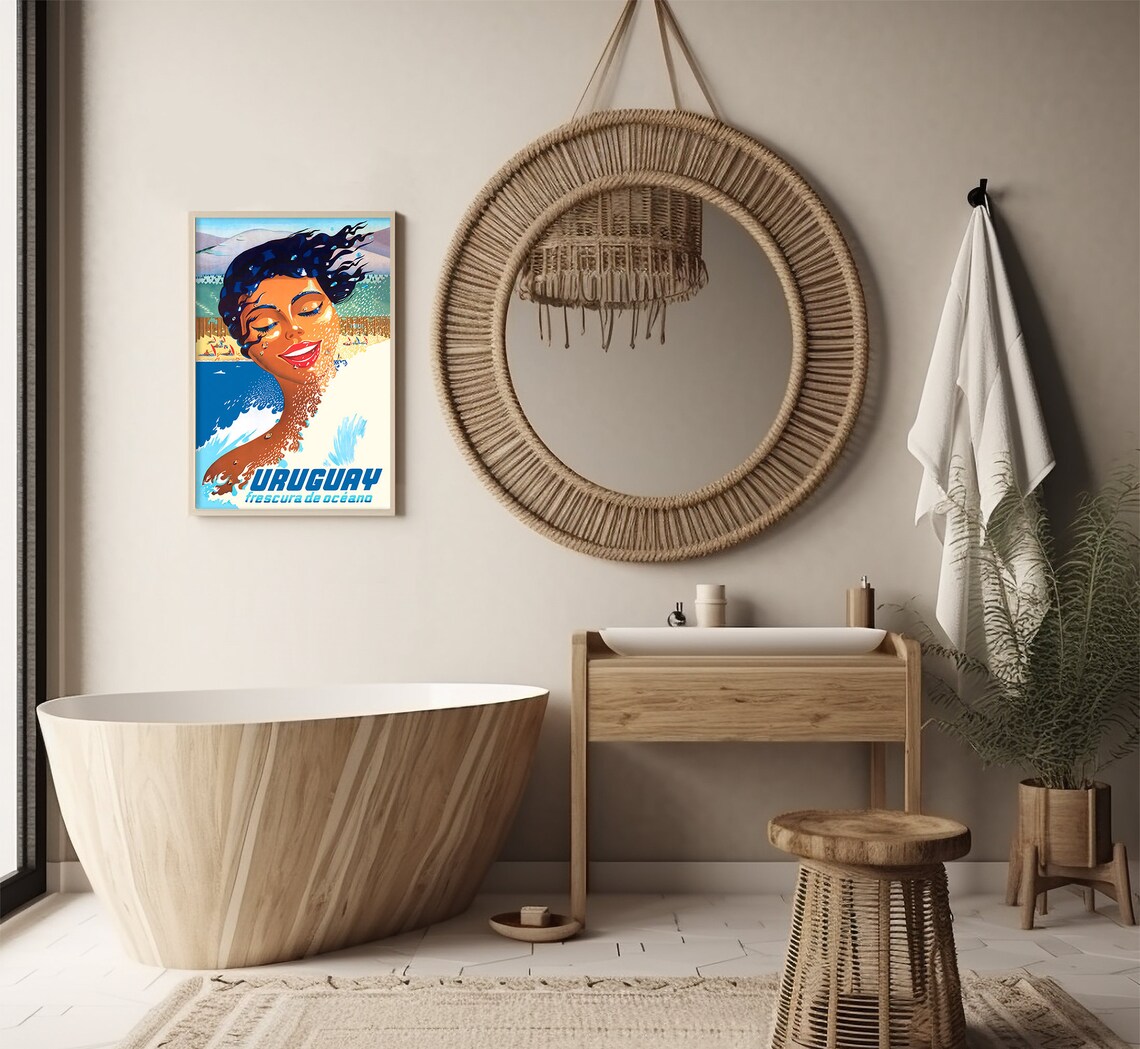 Uruguay Frescura De Oceano Woman Ocean Spray Beach Vintage Poster - Image 3