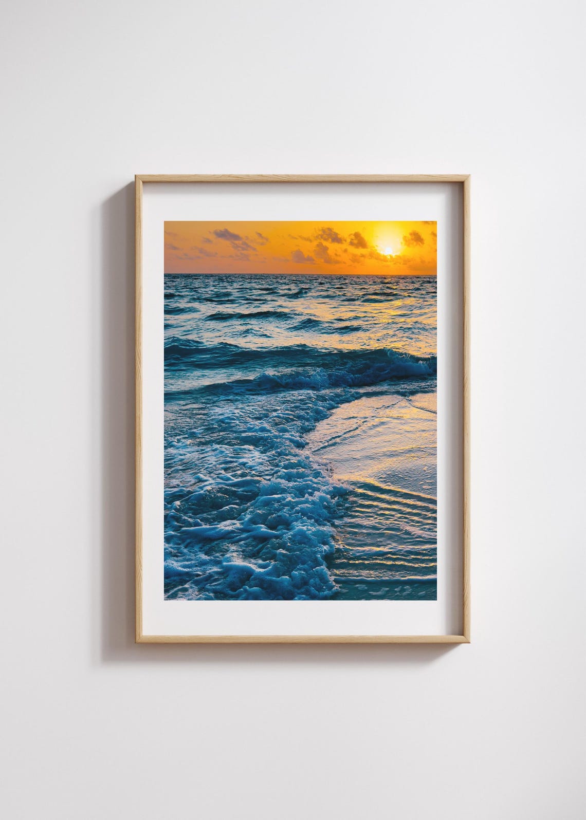 Orange Sunset Ocean Waves Dramatic Surf Beach Photography Poster