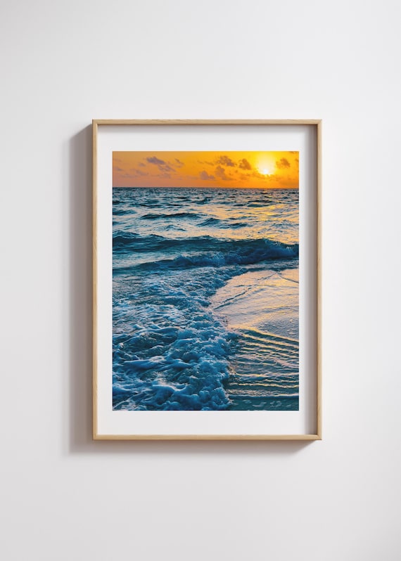 Orange Sunset Ocean Waves Dramatic Surf Beach Photography Poster