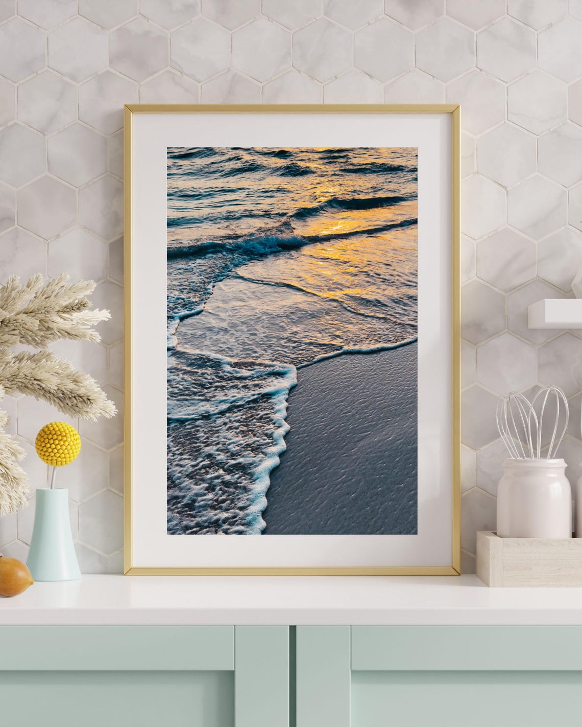 Ocean Waves Sunset Gold Reflection Beach Shoreline Photo Poster