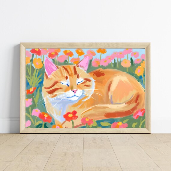 Orange Cat in Daisy Field, Cat Lover Gift