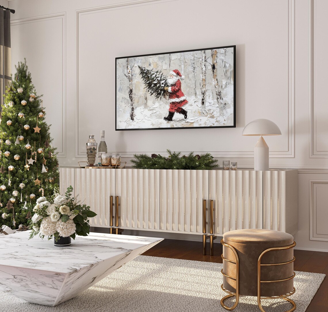 Festive Santa Carrying Tree Snowy Christmas Frame TV Art Poster - Image 4