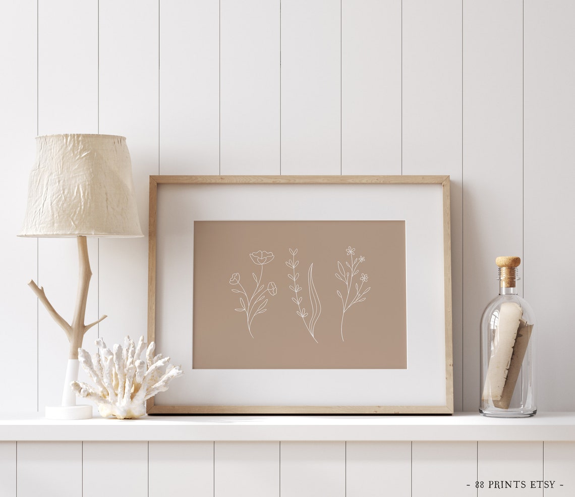 White Wildflowers Line Art Tan Beige Botanical Minimalist Print - Image 4