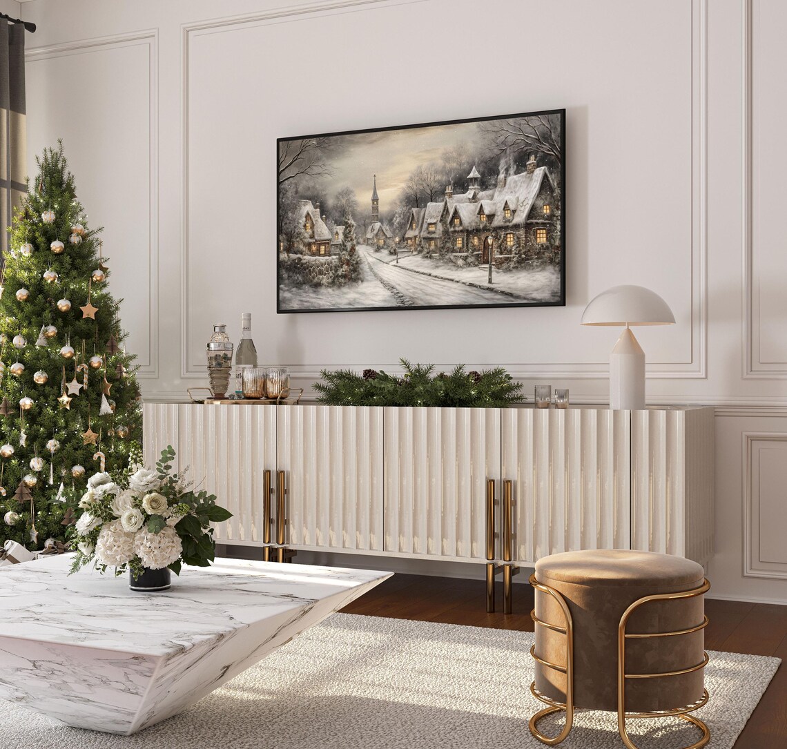 Cozy Snowy Stone Cottage Village Church Winter Night Scene Poster - Image 4