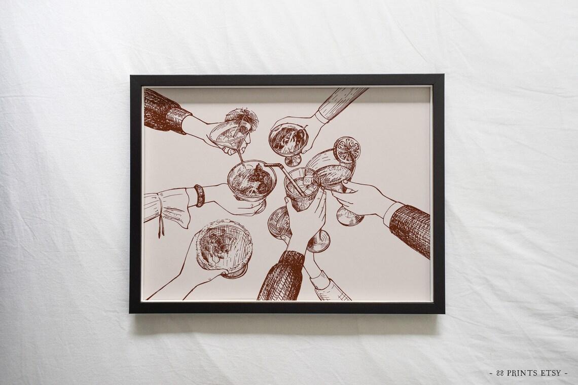 Cheers Cocktail Toast Friends Vintage Sepia Ink Bar Cart Print - Image 2