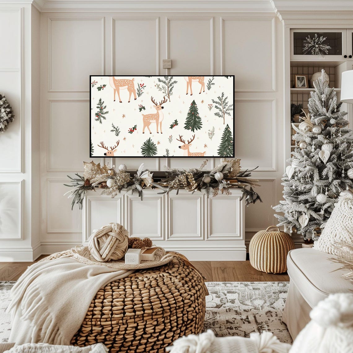Charming Festive Reindeer Pattern Christmas Frame Tv Holiday Poster - Image 2