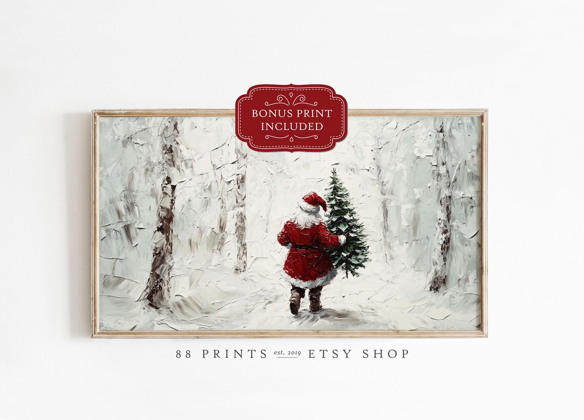 Santa Winter Forest Scene Christmas Frame TV Art Holiday Painting Poster
