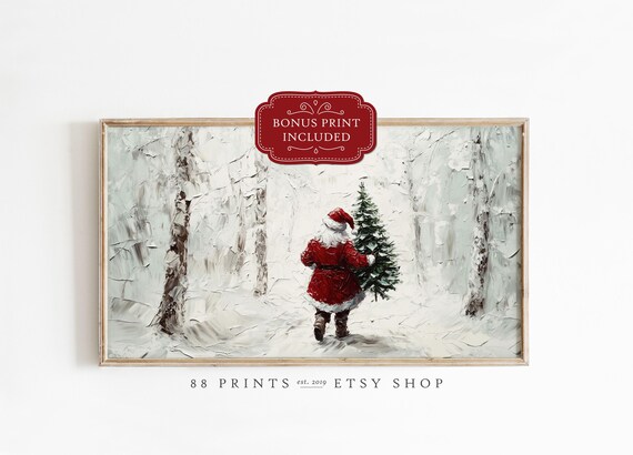 Santa Winter Forest Scene Christmas Frame TV Art Holiday Painting Poster