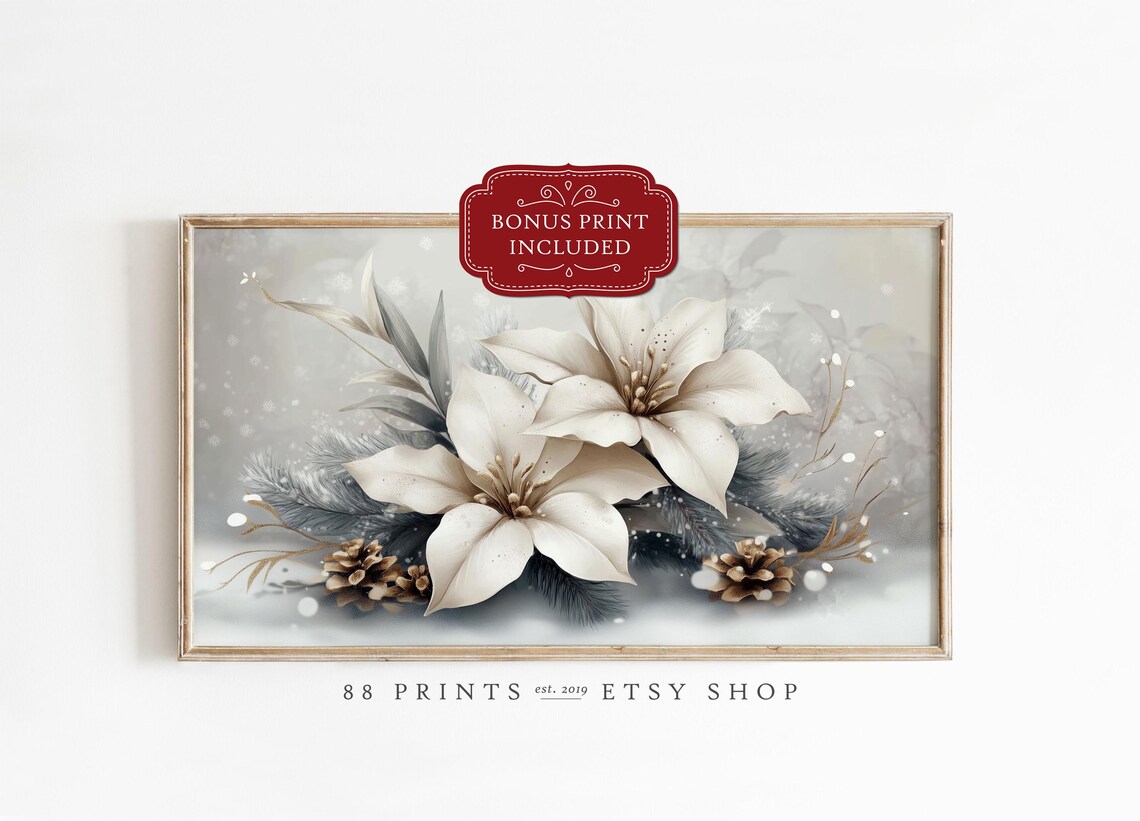 Elegant White Poinsettia Christmas Winter Floral Botanical Poster