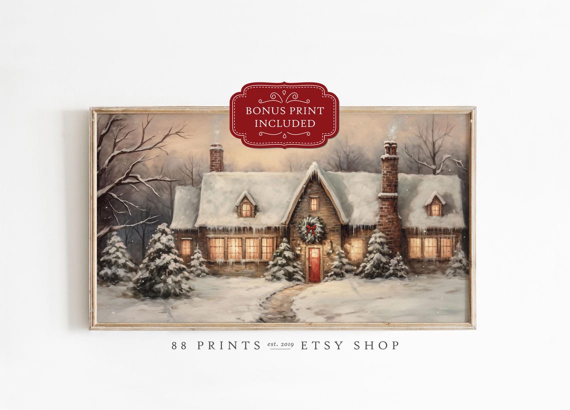 Cozy Snowy Christmas Cabin Glowing Windows Wreath Winter Poster