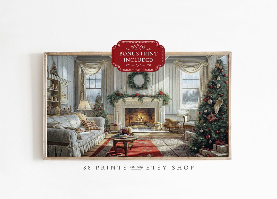 Cozy Christmas Living Room Fireplace Tree Gifts Holiday Poster