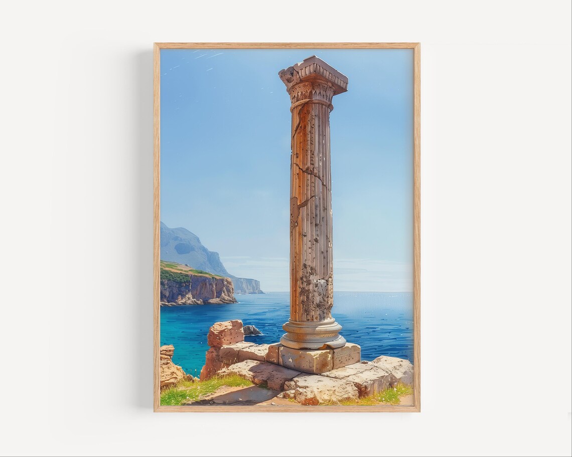 Ancient Column Coastal Cliff Mediterranean Sea Sunny Travel Art Poster