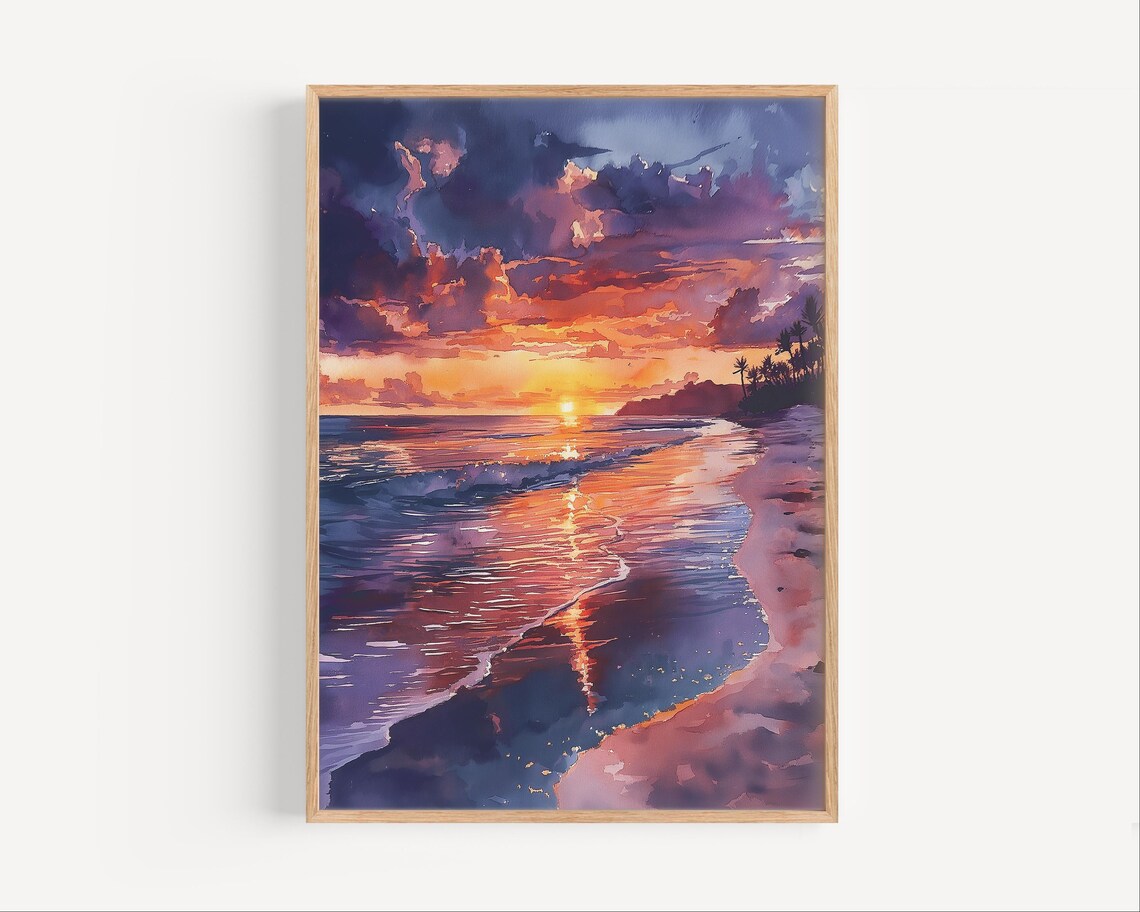 Oahu Hawaii Beach Sunset Watercolor Purple Orange Sky Art Poster