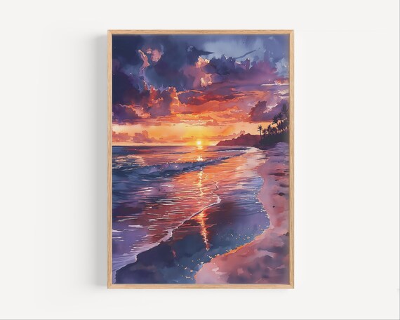 Oahu Hawaii Beach Sunset Watercolor Purple Orange Sky Art Poster