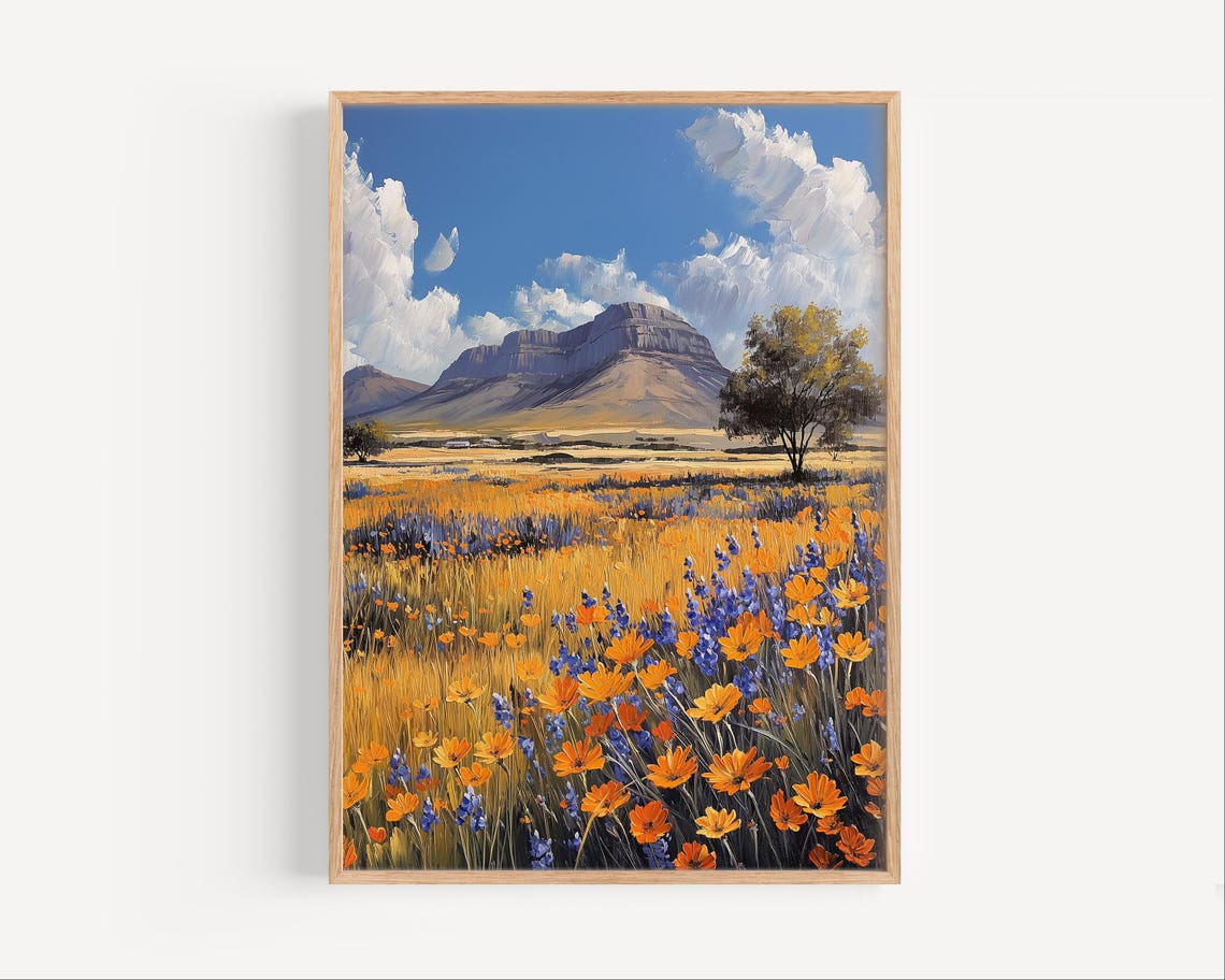 Australian Outback Wildflowers Orange Blooms Mesa Mountain Art Poster