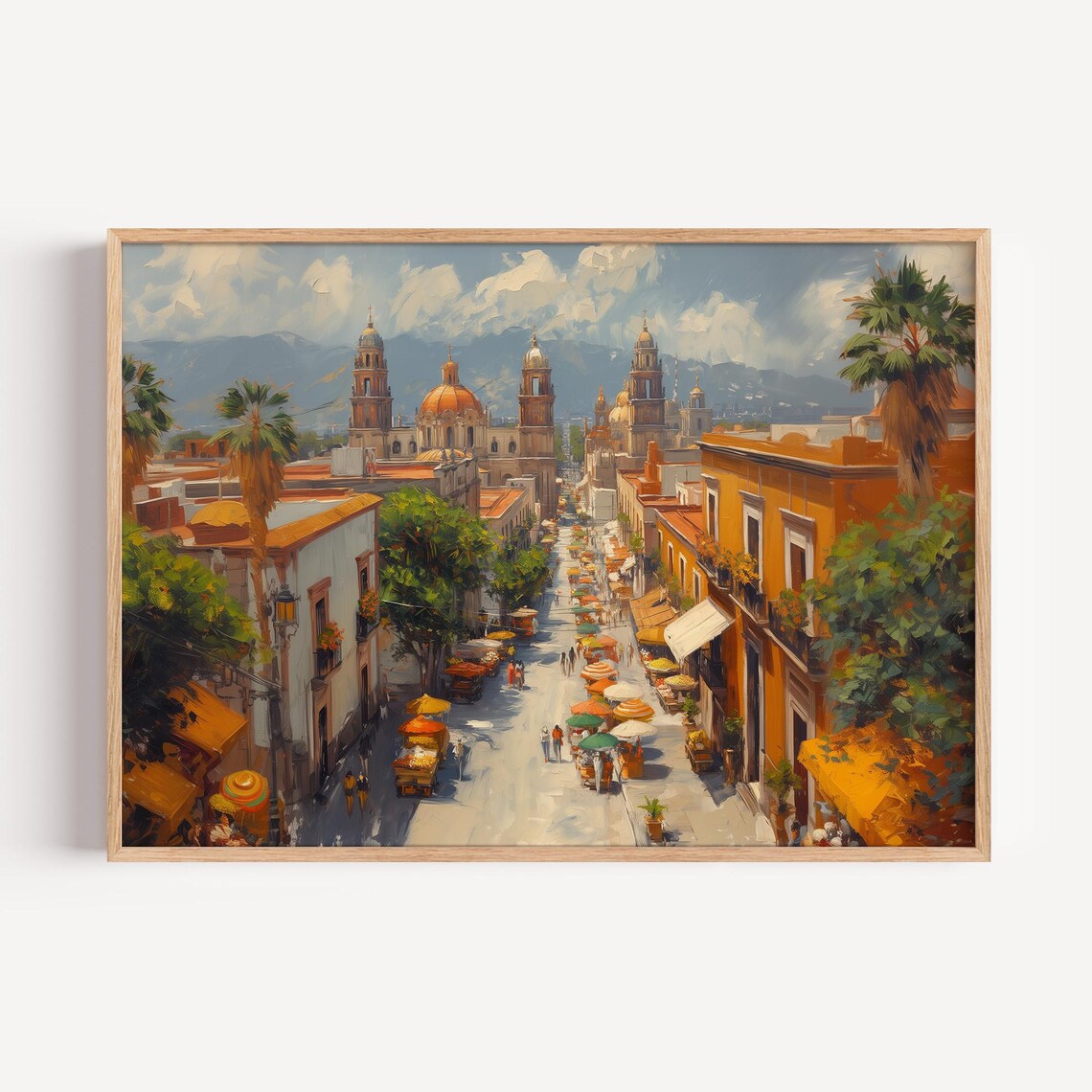 Mexican Colonial Street Cathedral Market Oil Painting Poster