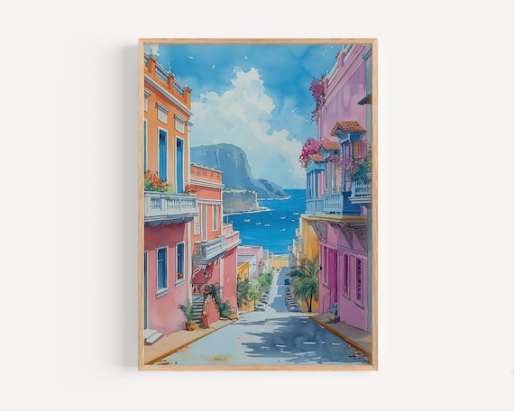 Ponce Puerto Rico Ocean Street Pastel Buildings Watercolor Poster