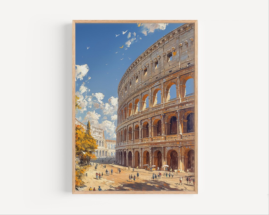 Roman Colosseum Italy Oil Painting Sunny Day Historic Travel Poster