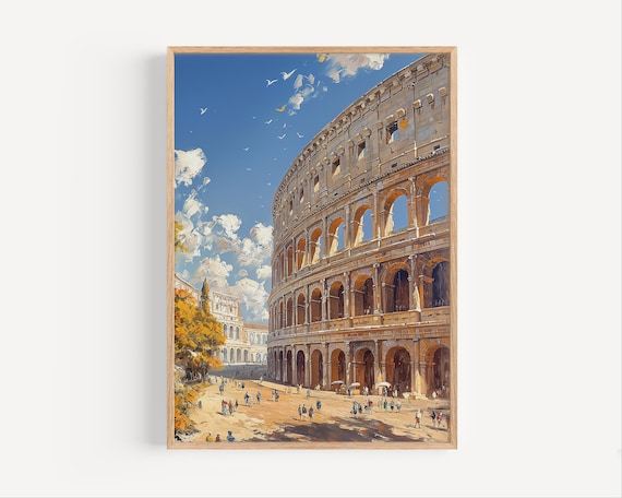 Roman Colosseum Italy Oil Painting Sunny Day Historic Travel Poster