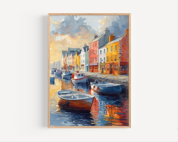 Colorful Fishing Harbor Boats Watercolor Painting Coastal Town Wall Art