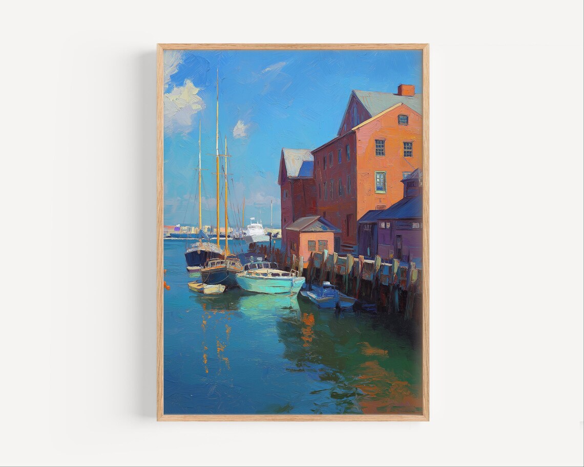 Portland Maine Harbor Sailboats Oil Painting Nautical Wall Art