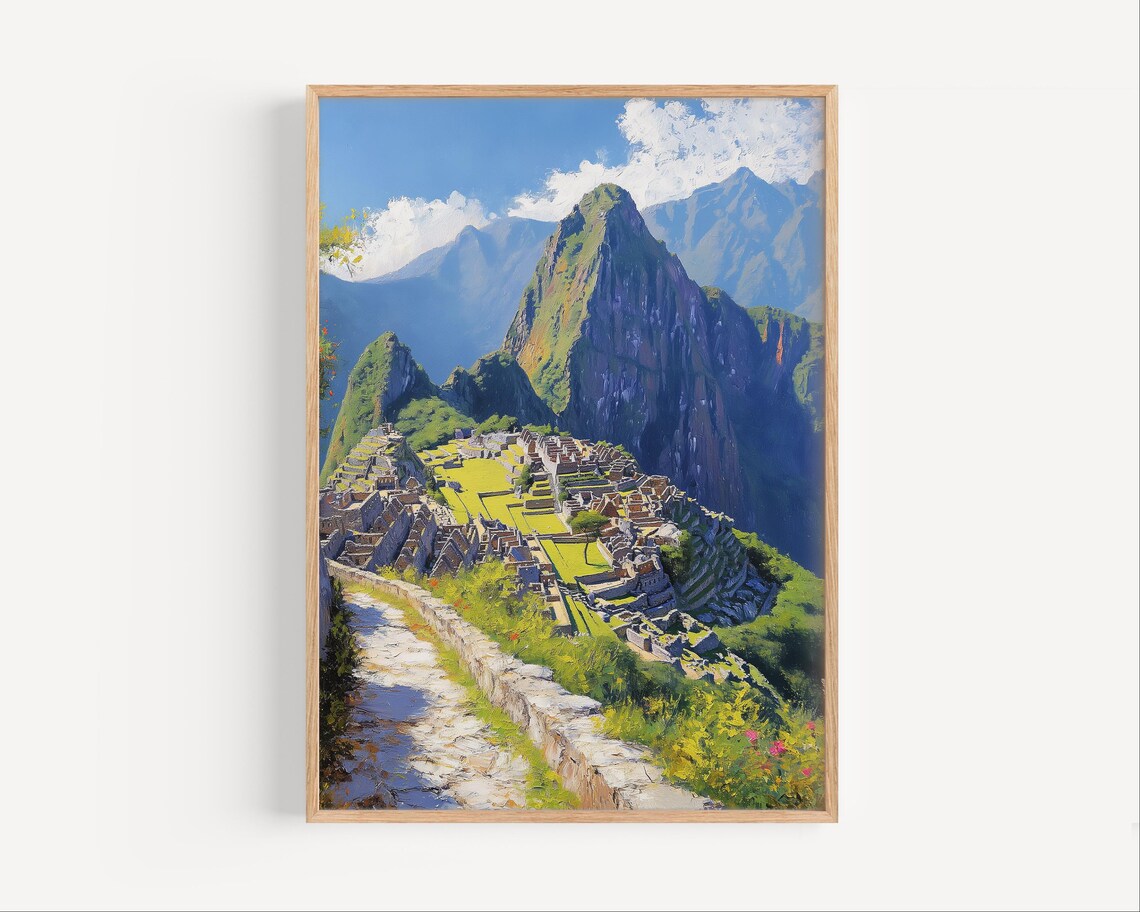 Machu Picchu Peru Ancient Inca Ruins Oil Painting Travel Poster