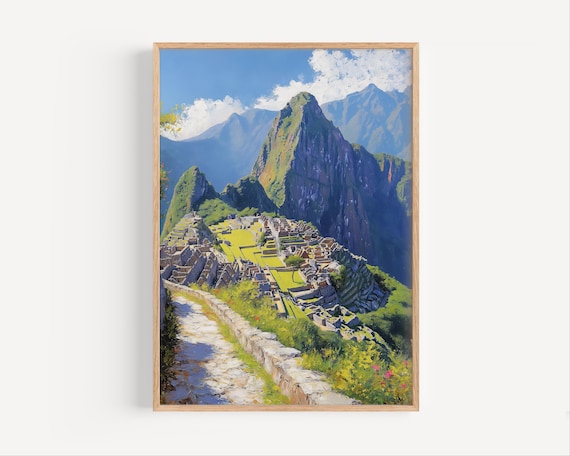 Machu Picchu Peru Ancient Inca Ruins Oil Painting Travel Poster