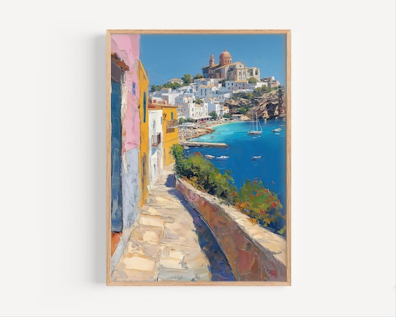 Ibiza Spain Mediterranean Coastal Town Bright Oil Painting Poster