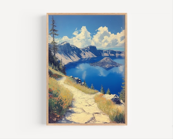 Crater Lake National Park Oregon Blue Lake Island Oil Painting Poster