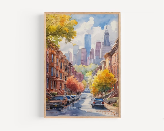 Staten Island NYC Brownstone Street Skyline Autumn Watercolor Poster
