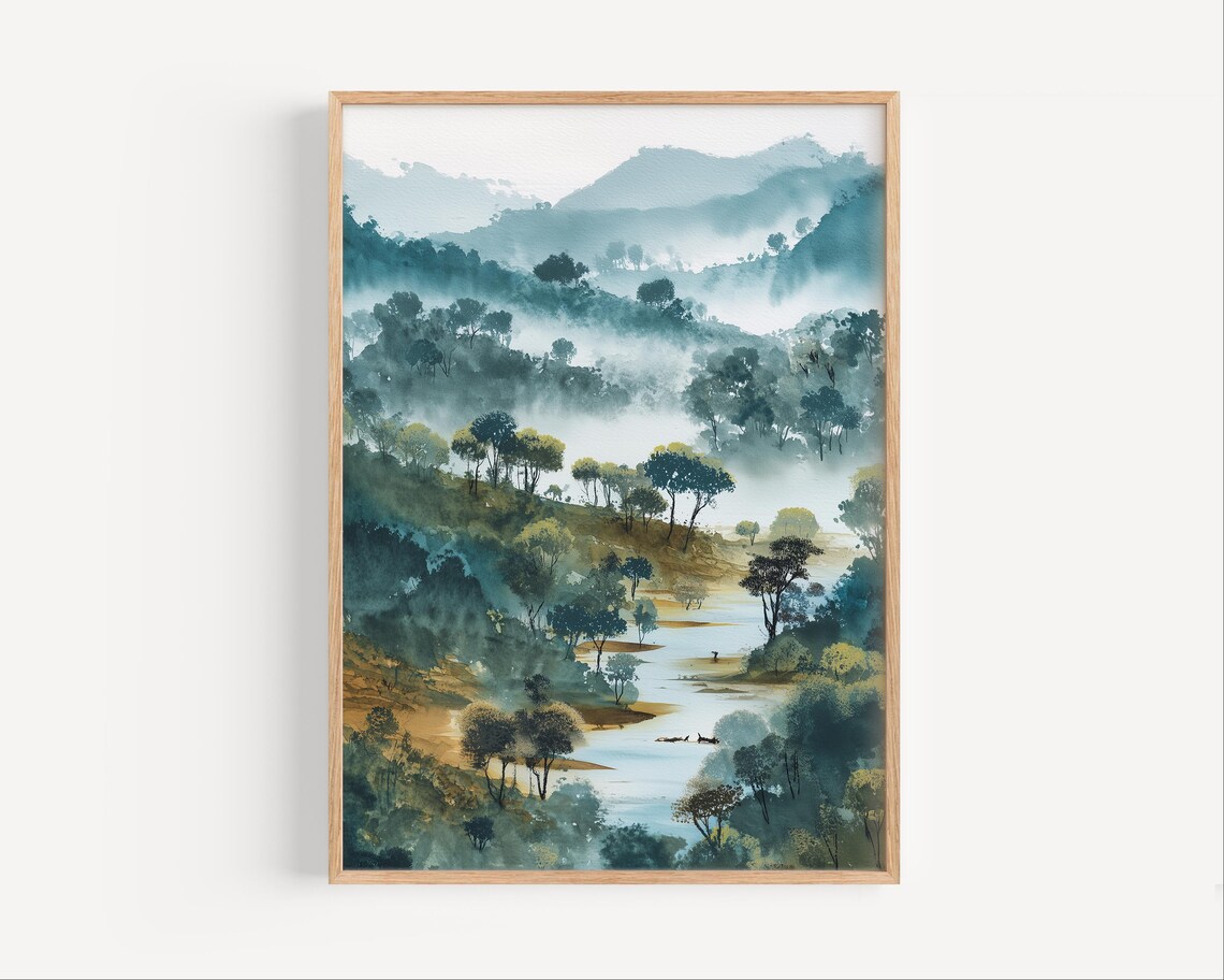 Misty Blue Mountain Valley Foggy Watercolor Landscape Poster