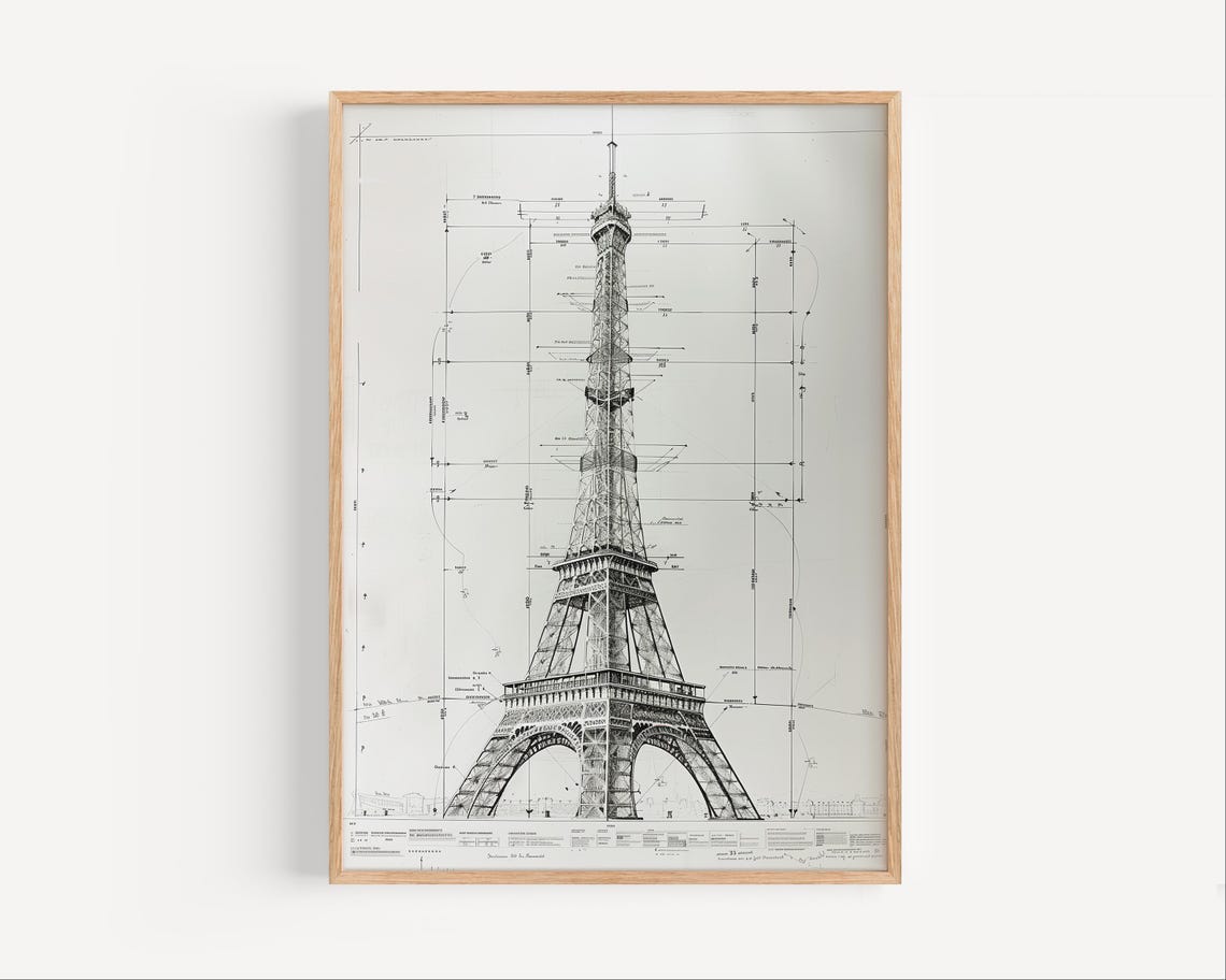 Eiffel Tower Blueprint Architectural Drawing Paris Landmark Wall Art