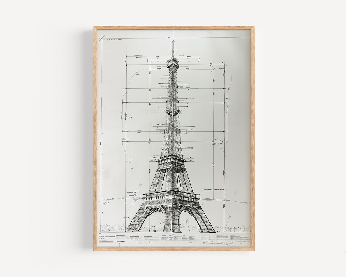 Eiffel Tower Schematic Sketch Modern Wall Art Poster Print Or Canvas Paris Technical Artwork France Minimalist Travel Home Decor Gift