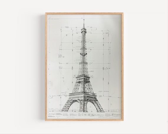 Eiffel Tower Schematic Sketch Modern Wall Art Poster Print Or Canvas Paris Technical Artwork France Minimalist Travel Home Decor Gift