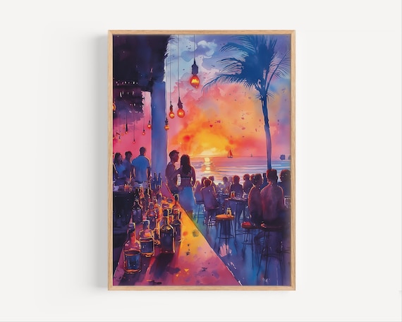 Ibiza Spain Beach Club Sunset Party Night Watercolor Art Poster