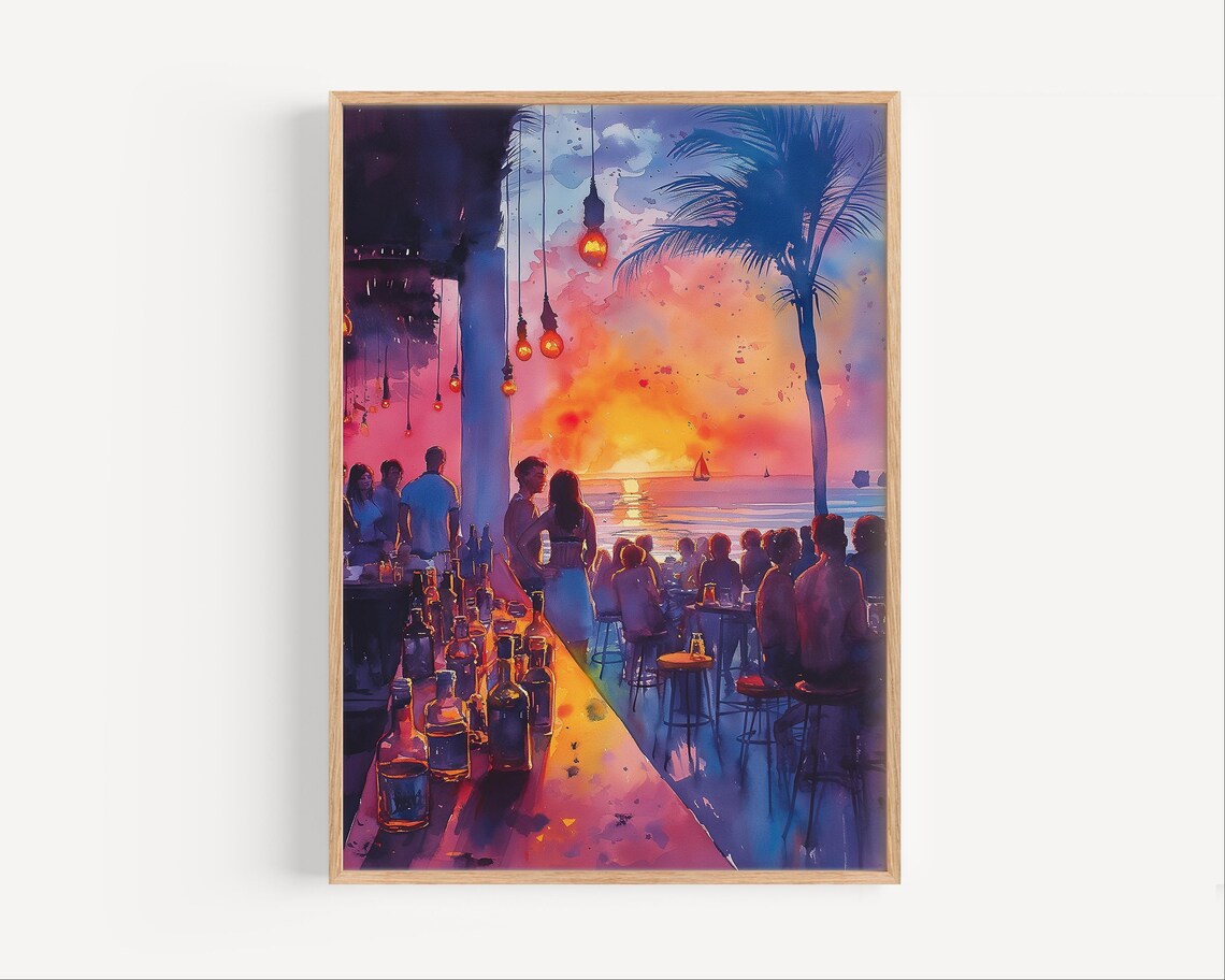 Ibiza Spain Beach Club Sunset Party Night Watercolor Art Poster
