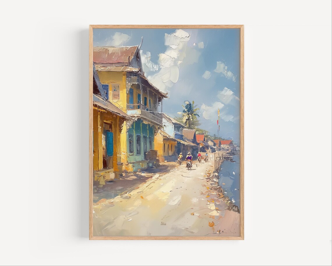 Battambang Cambodia Street Oil Painting Colonial Houses Poster