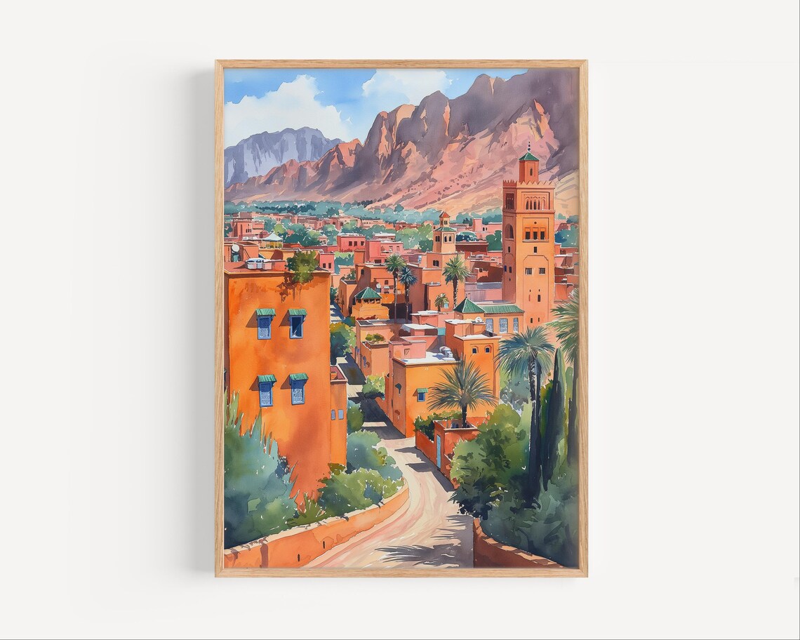 Marrakesh Morocco Watercolor Painting, Travel Poster