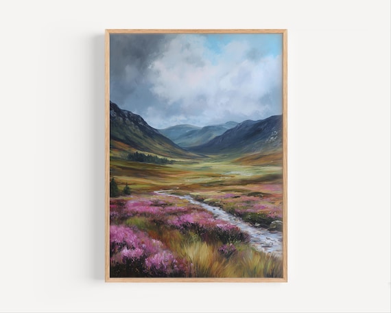 Purple Heather Moorland Valley with Stream Mountain Landscape Poster