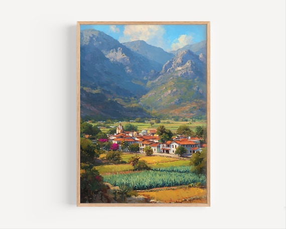 Mexican Colonial Town Red Tile Roofs Mountain Oil Painting Print