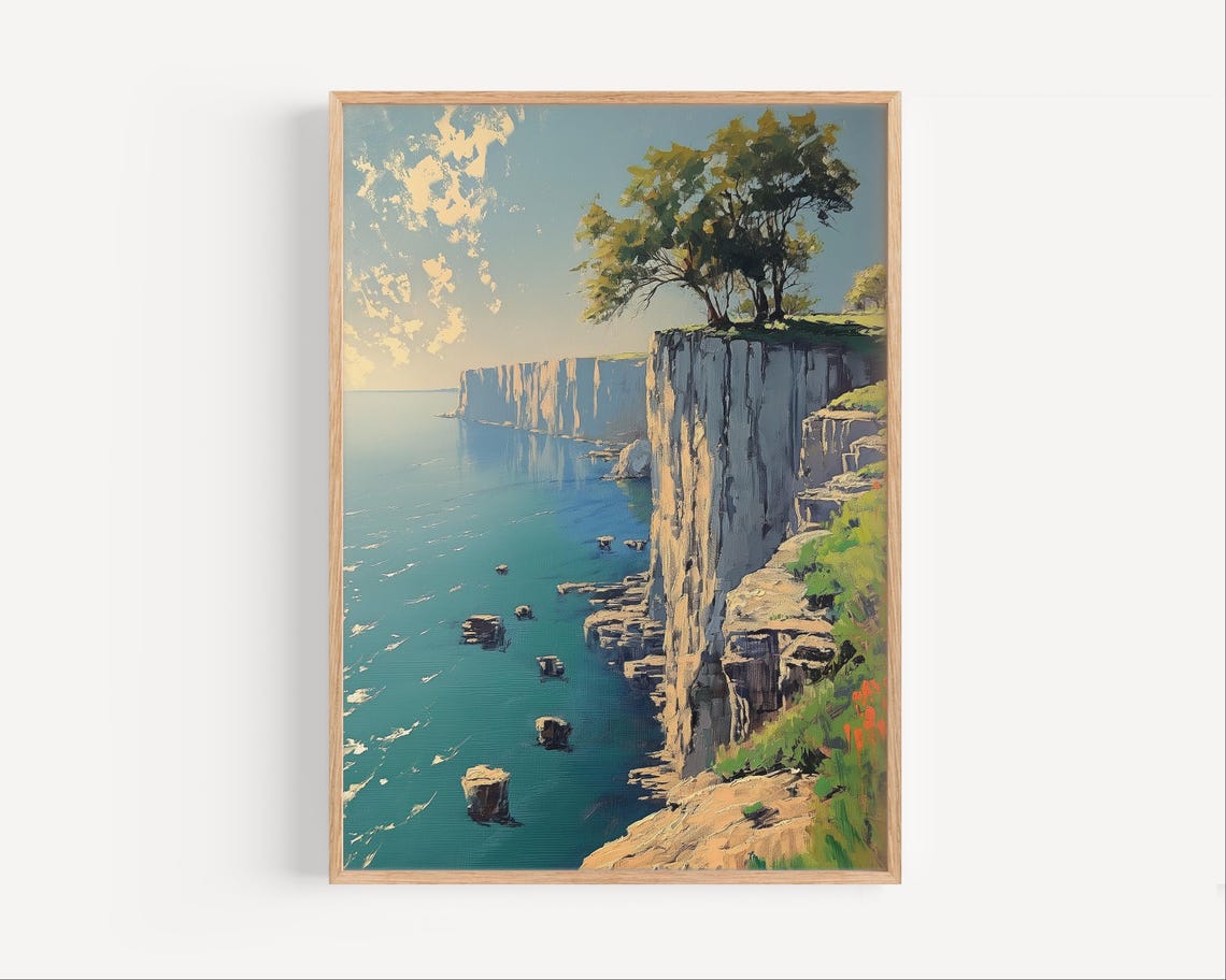 White Sea Cliffs Turquoise Ocean Waves Coastal Oil Painting Poster