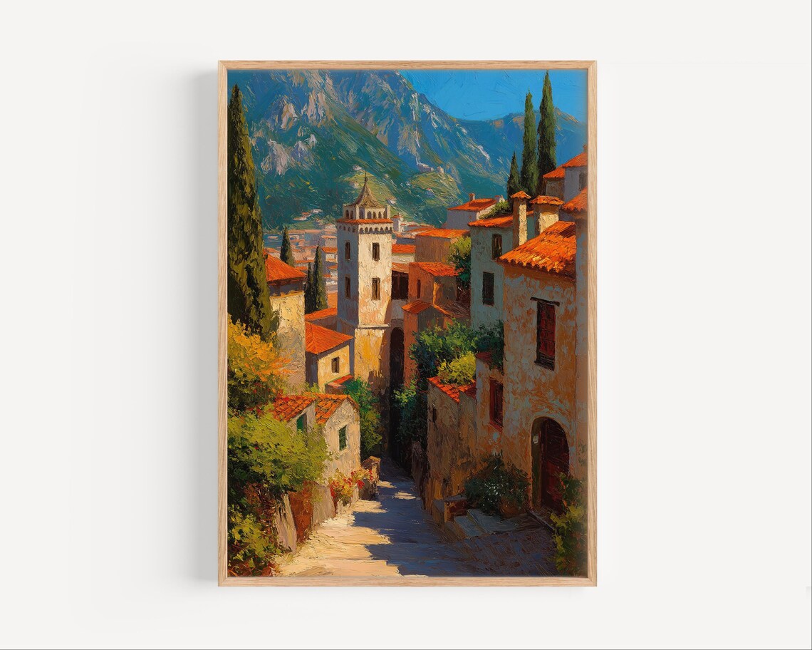 Italian Village Alley with Terracotta Roofs and Bell Tower Poster