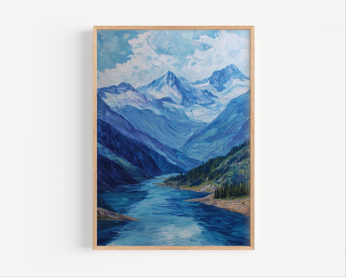 Blue Mountain Valley Lake Oil Painting National Park Travel Poster