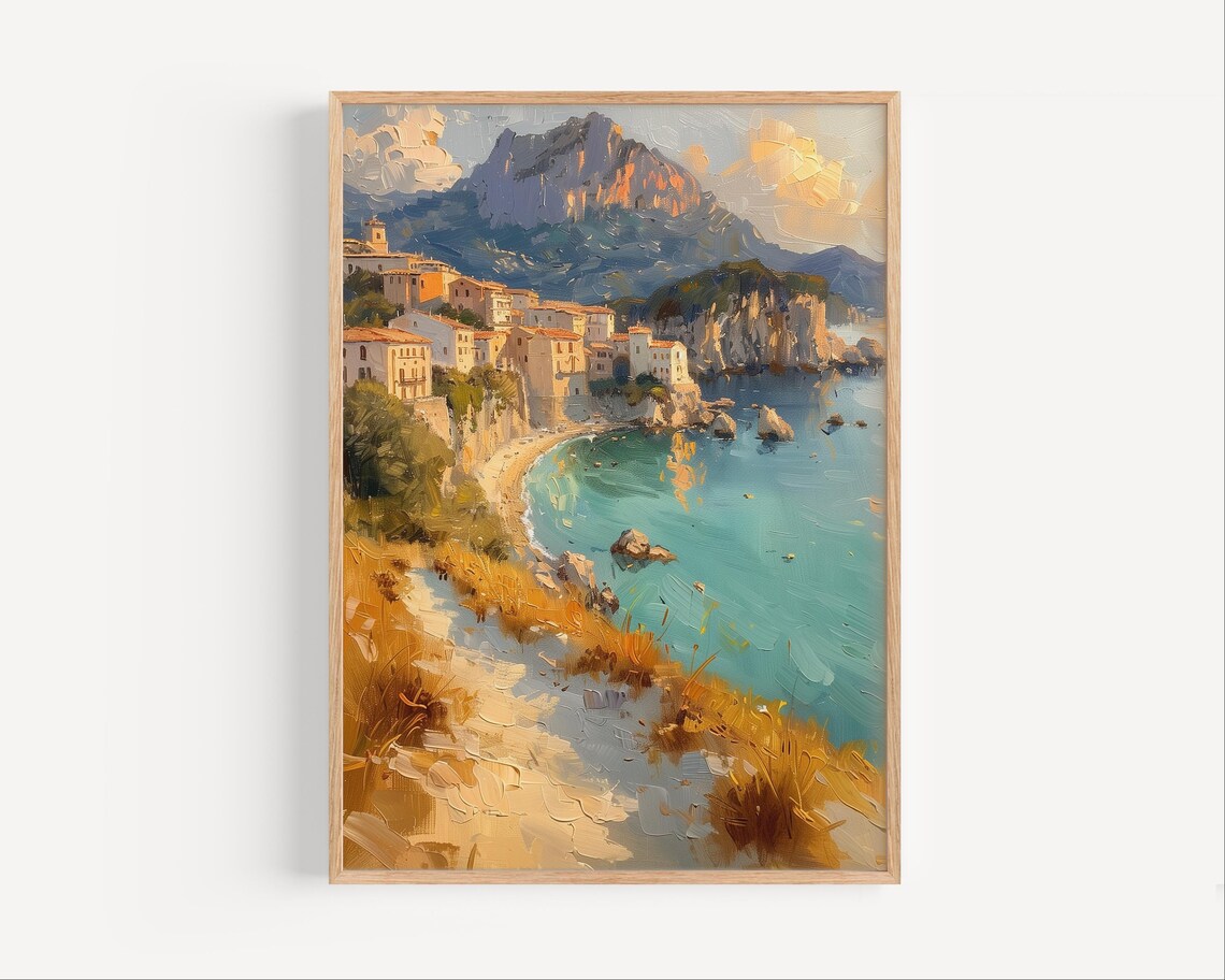 Mediterranean Cliffside Coastal Town Turquoise Bay Oil Print