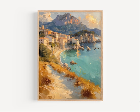 Mediterranean Cliffside Coastal Town Turquoise Bay Oil Print