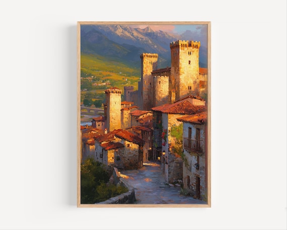 Ponferrada Spain Golden Hour Castle Oil Painting Travel Poster