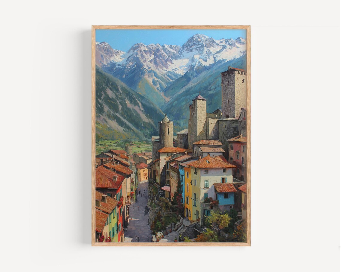Aosta Italy Colorful Alpine Town Snowy Peaks Oil Painting Wall Art