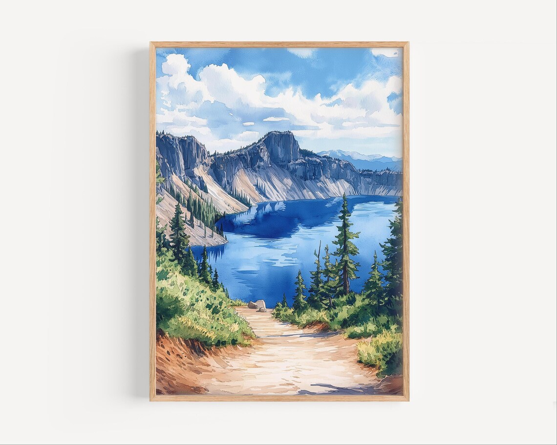 Crater Lake Oregon Watercolor Painting Blue Caldera Lake Art Poster