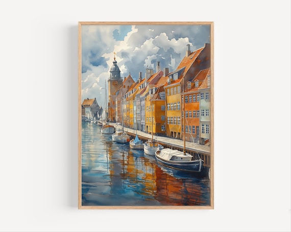 Copenhagen Nyhavn Harbour Watercolor Painting Style Travel Poster