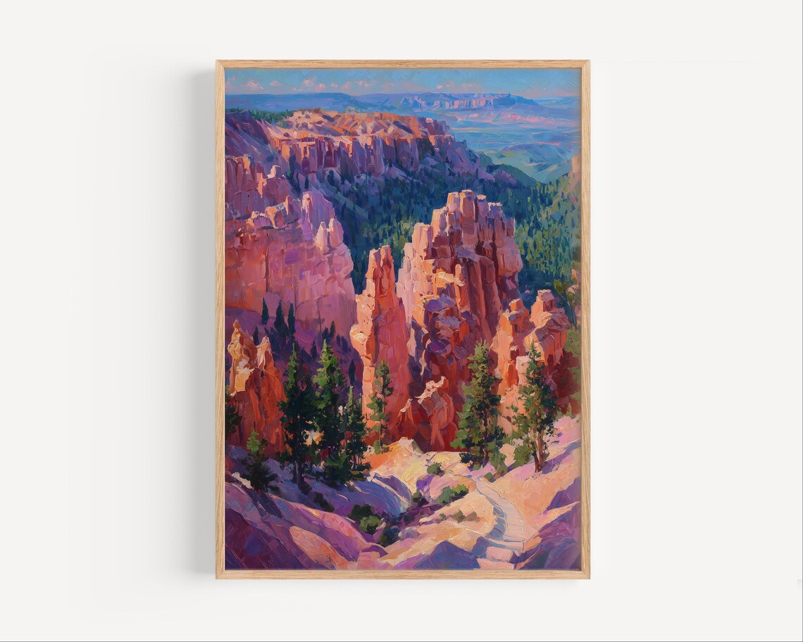 Bryce Canyon Utah Sunlit Hoodoos Pine Forest Oil Painting Poster